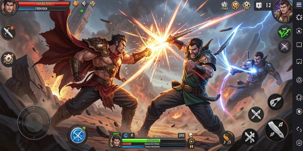 Tampilan gameplay epik dalam 700Q saat karakter bertarung.
