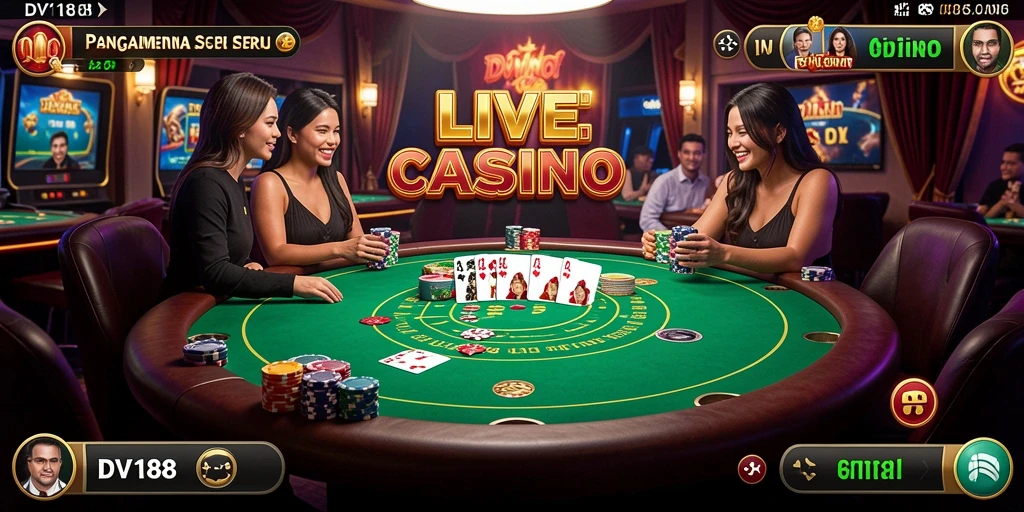 Screenshot gameplay DV188 menampilkan dealer langsung dan suasana kasino.