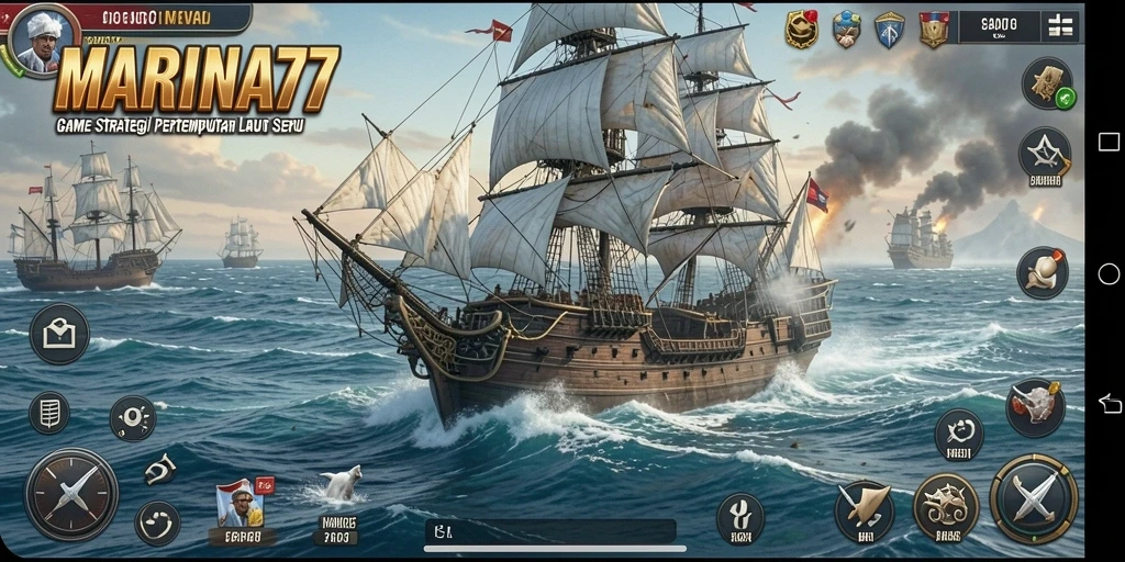 Tangkapan layar gameplay <strong>MARINA77</strong> yang menunjukkan aksi pertempuran kapal laut.