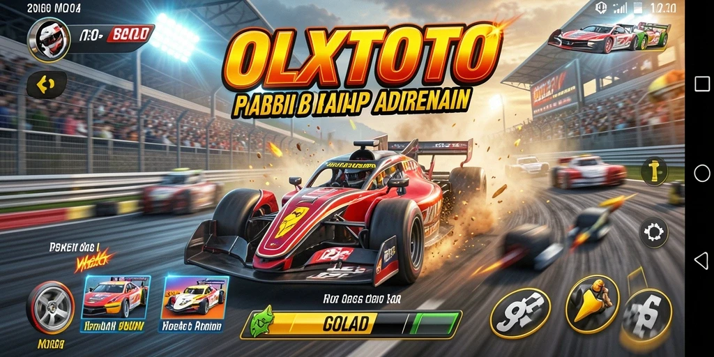 Tampilan gameplay OLXTOTO yang mendebarkan dengan mobil balap di lintasan.