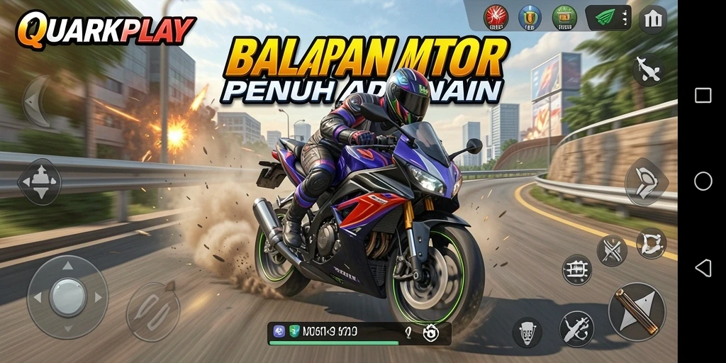 Screenshot gameplay QUARKPLAY yang menampilkan aksi balapan motor.