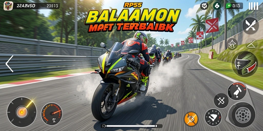 Tangkapan layar gameplay RP55 yang menampilkan balapan motor yang seru.