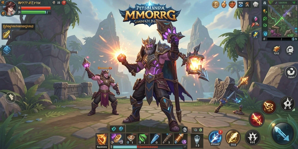 Tampilan screenshot utama RP777 menampilkan aksi pertempuran epik dalam dunia MMORPG.